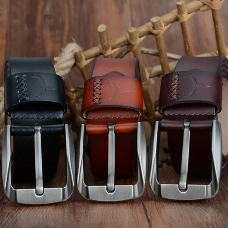 130cm Vintage Style Pin Buckle Cow Genuine Leather Belts for Men