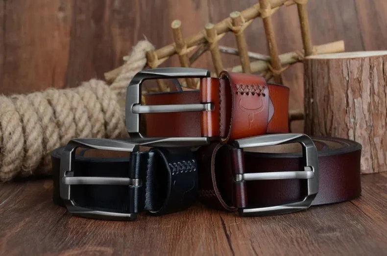 130cm Vintage Style Pin Buckle Cow Genuine Leather Belts for Men