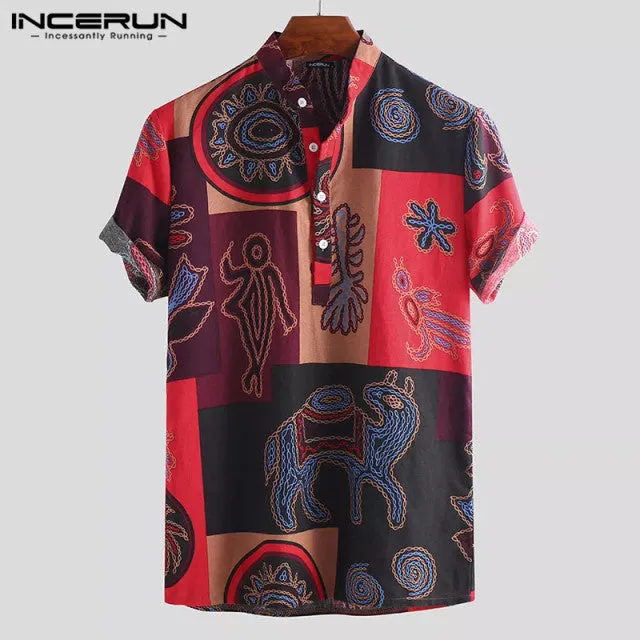 2022 Men Hawaiian Printing Loose Cotton Short Sleeve Shirt