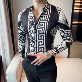 47-54kg Men's Black Luxury Print Clothing Designer Long Sleeve Shirt