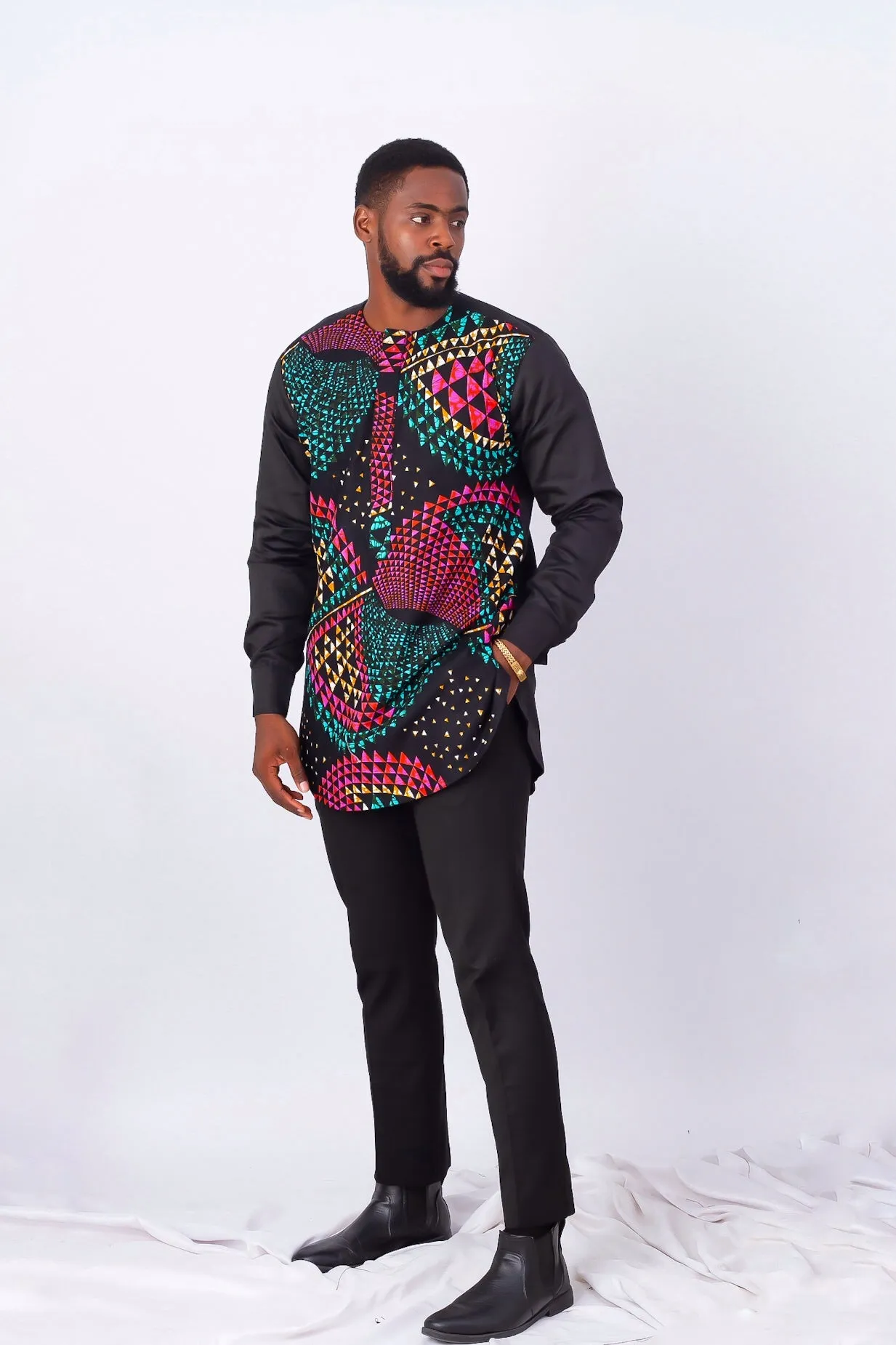 African Print Long Sleeve Kaftan Top for Men - Omar