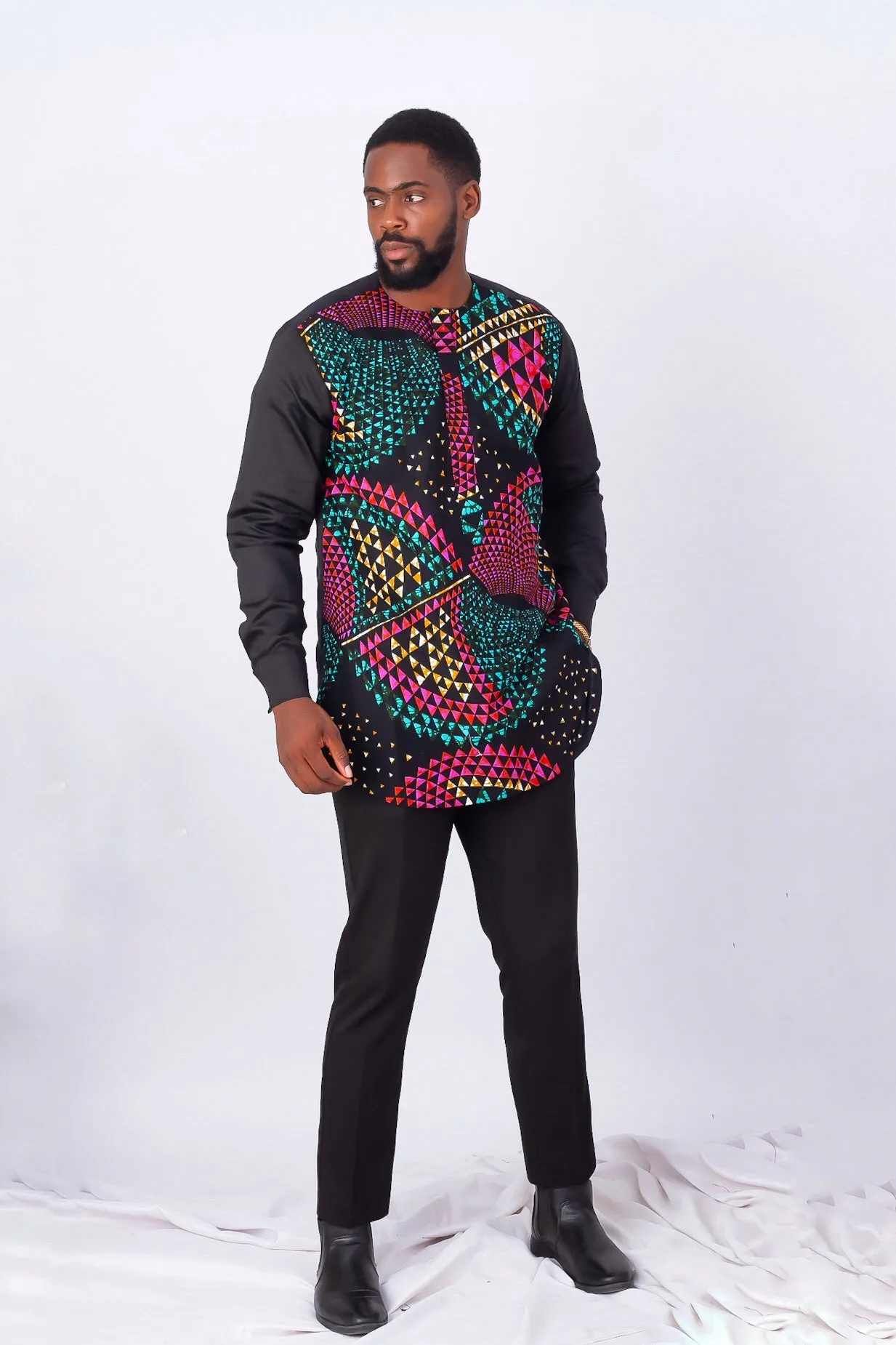 African Print Long Sleeve Kaftan Top for Men - Omar