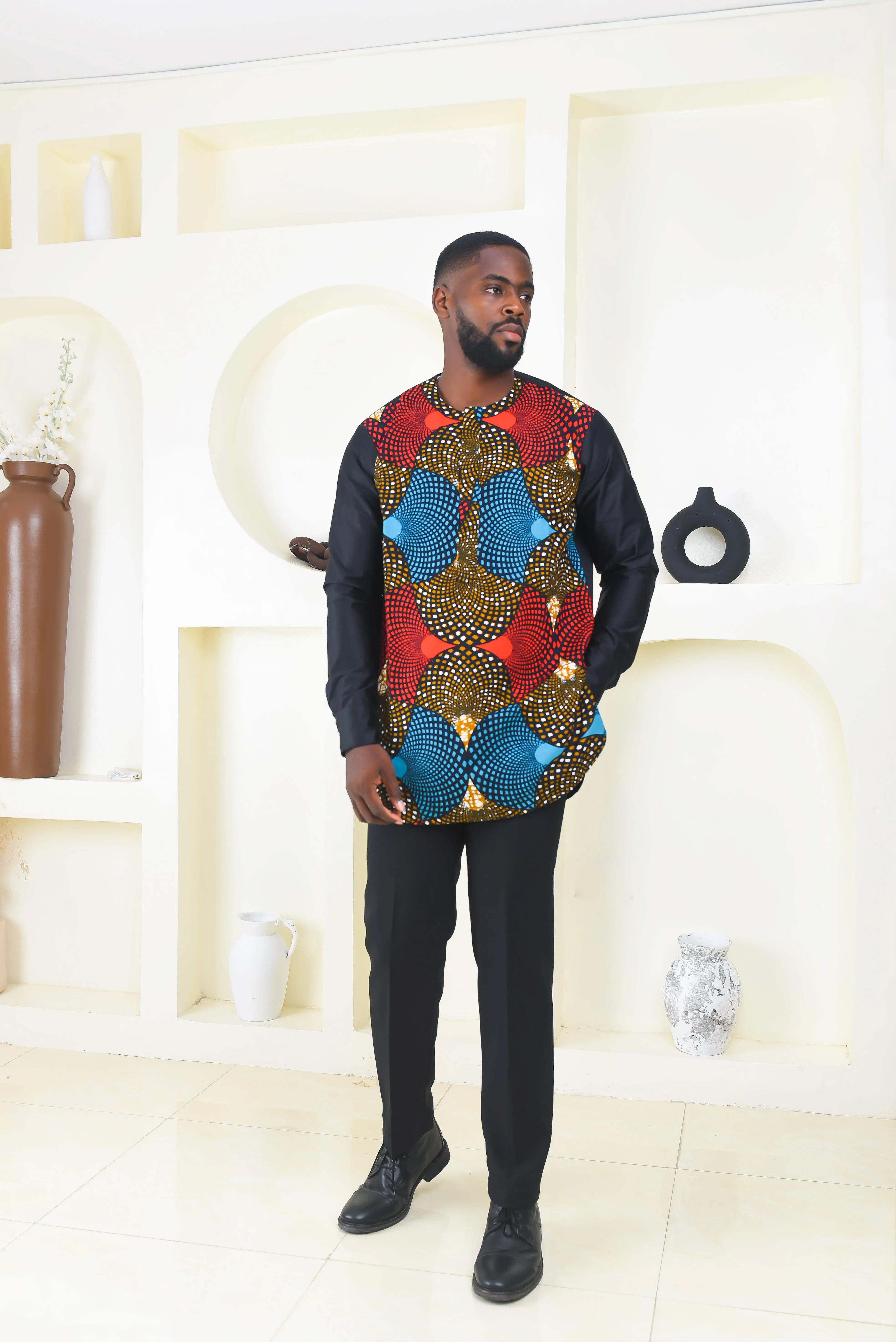 African Print Long Sleeve Kaftan Top for Men - Uzoma