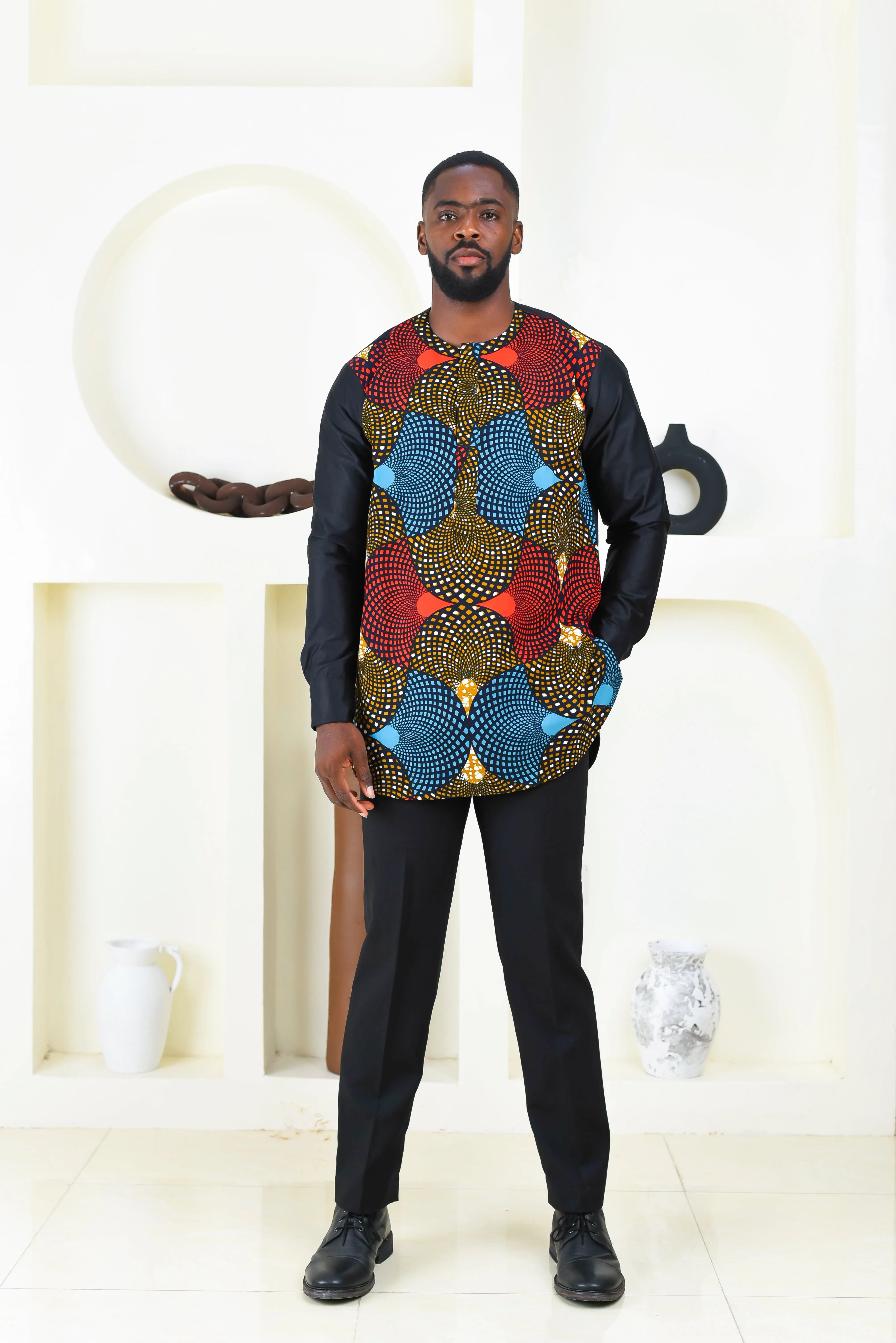 African Print Long Sleeve Kaftan Top for Men - Uzoma