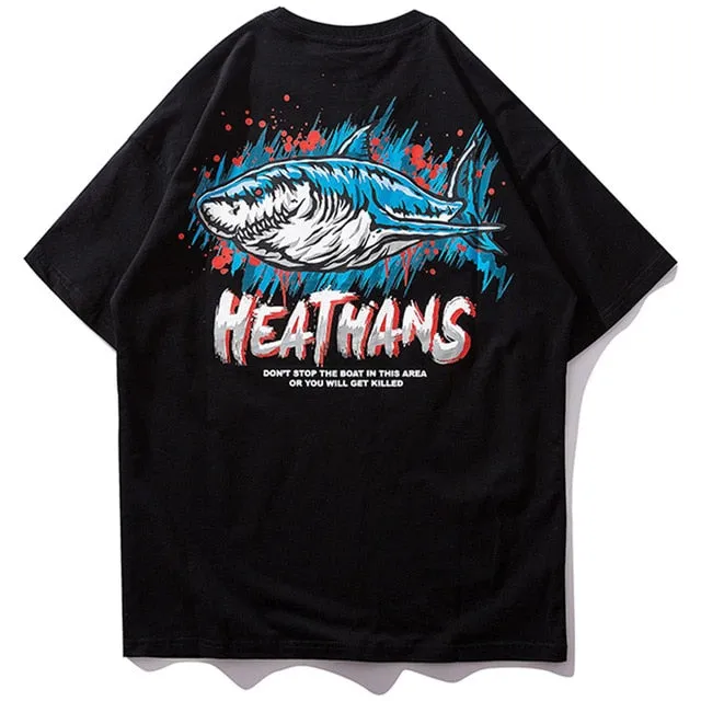 Angry Great Shark Printed Hip Hop Streetwear Loose Tees