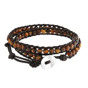 Black Onyx Bead Genuine Tiger Eye Brown Leather Multi Strand Bracelet