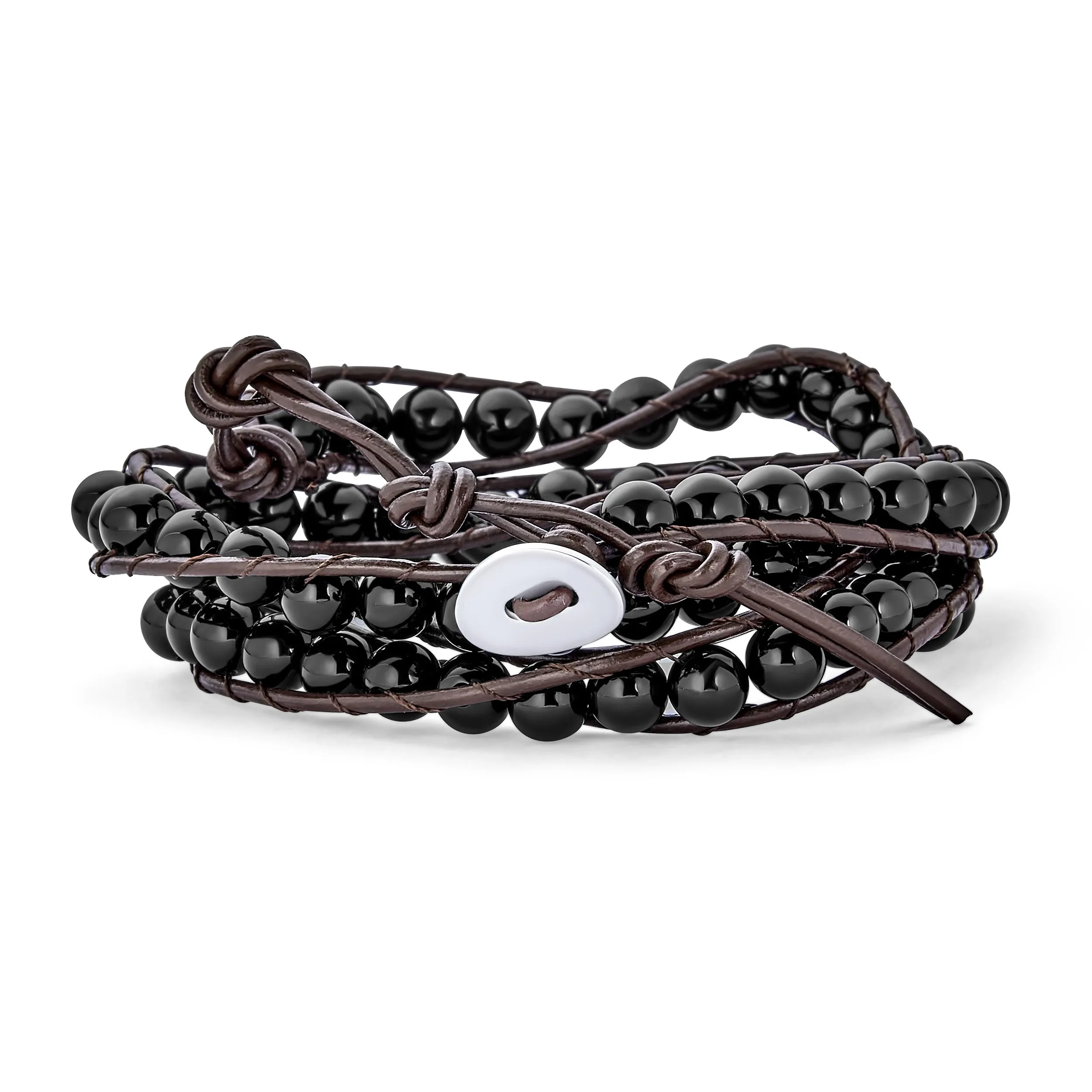 Black Onyx Bead Genuine Tiger Eye Brown Leather Multi Strand Bracelet