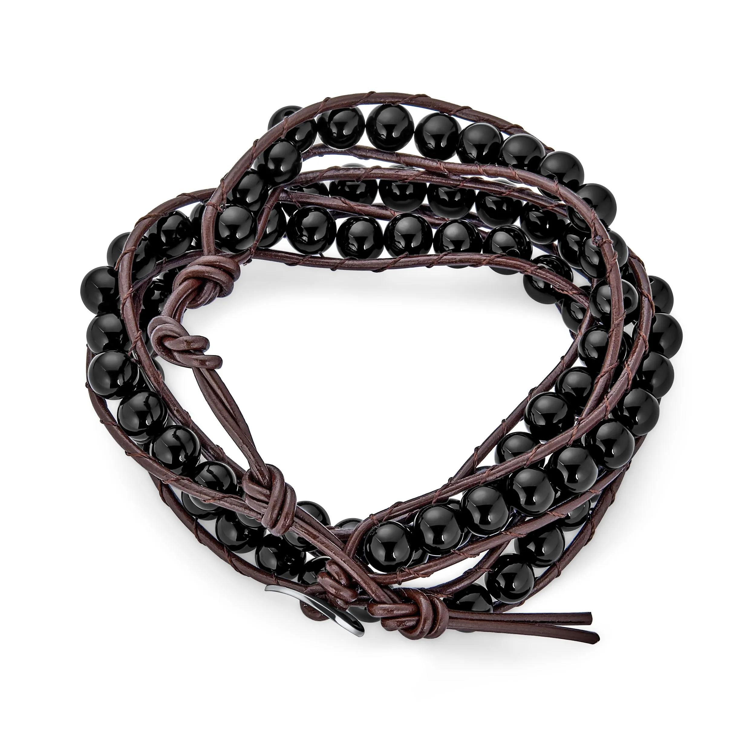 Black Onyx Bead Genuine Tiger Eye Brown Leather Multi Strand Bracelet