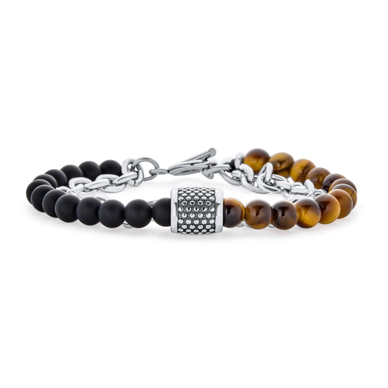 Black Onyx Bead Genuine Tiger Eye Brown Leather Multi Strand Bracelet