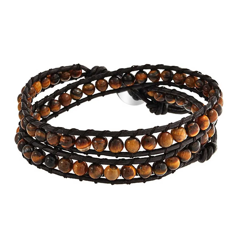 Black Onyx Bead Genuine Tiger Eye Brown Leather Multi Strand Bracelet