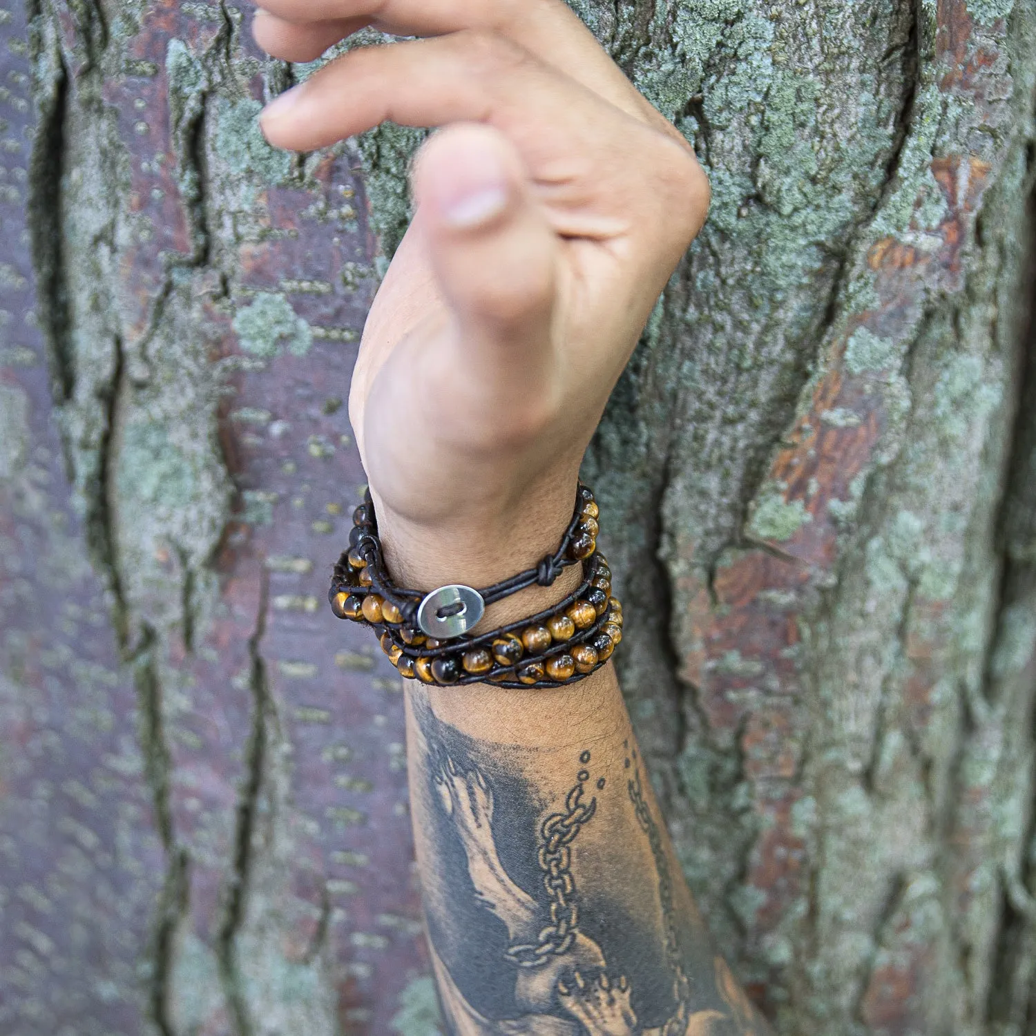 Black Onyx Bead Genuine Tiger Eye Brown Leather Multi Strand Bracelet