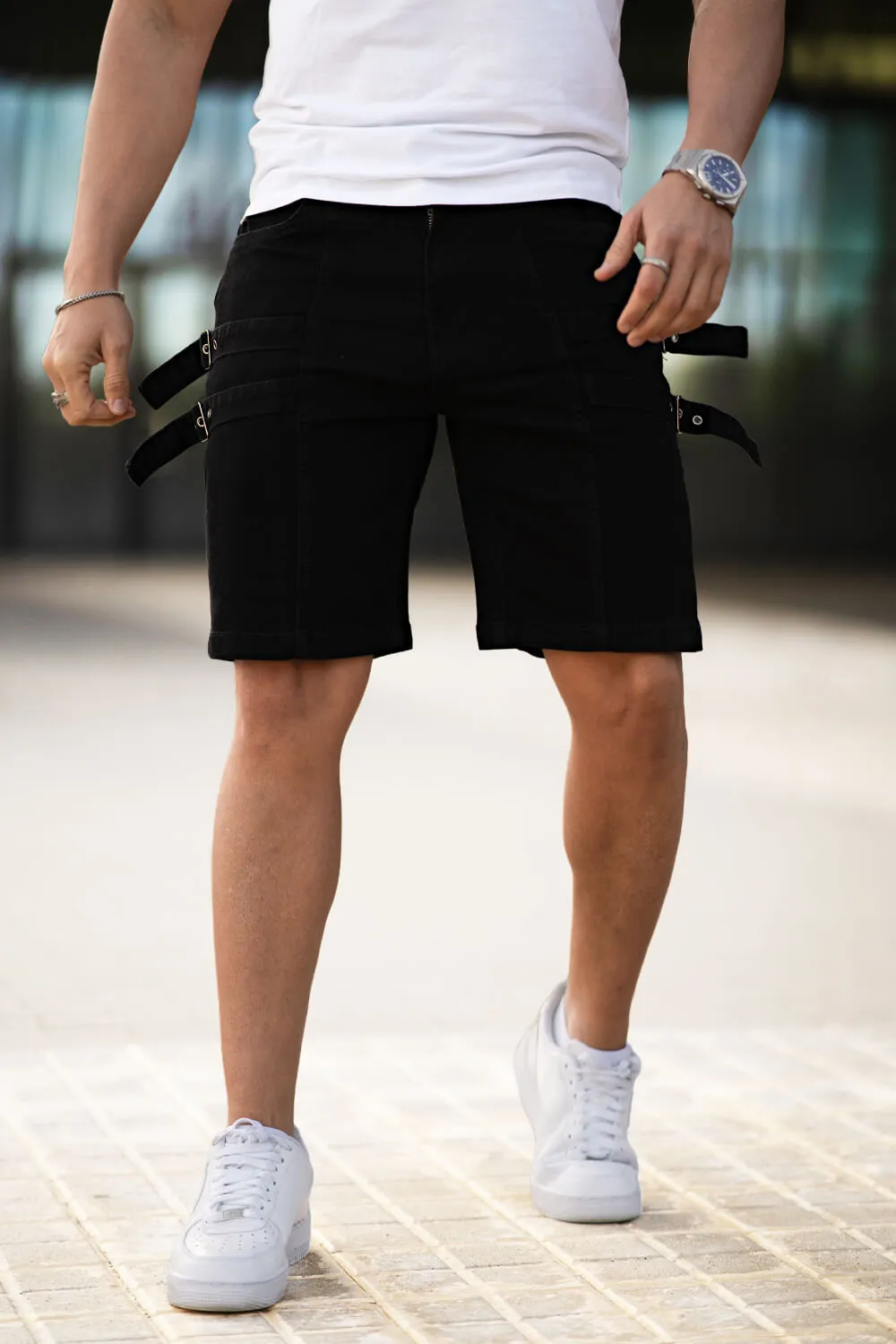 Buy $80 Free Shipping Men's Denim Short - Black And Webbing