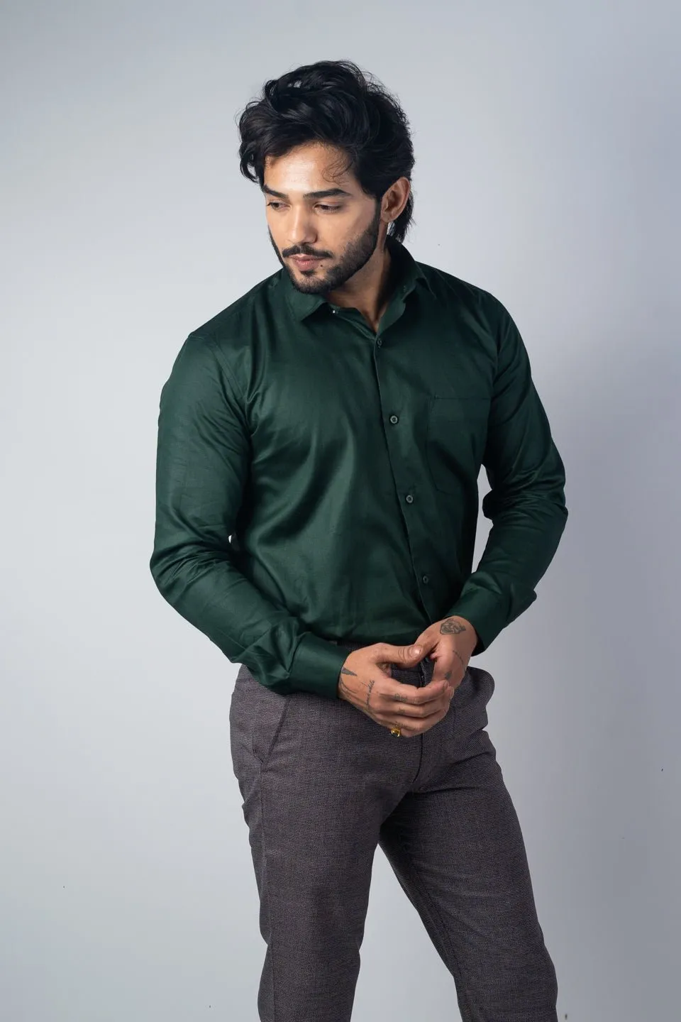 Forest Green Color Micro Checks Texture Satin Cotton Shirt For Men