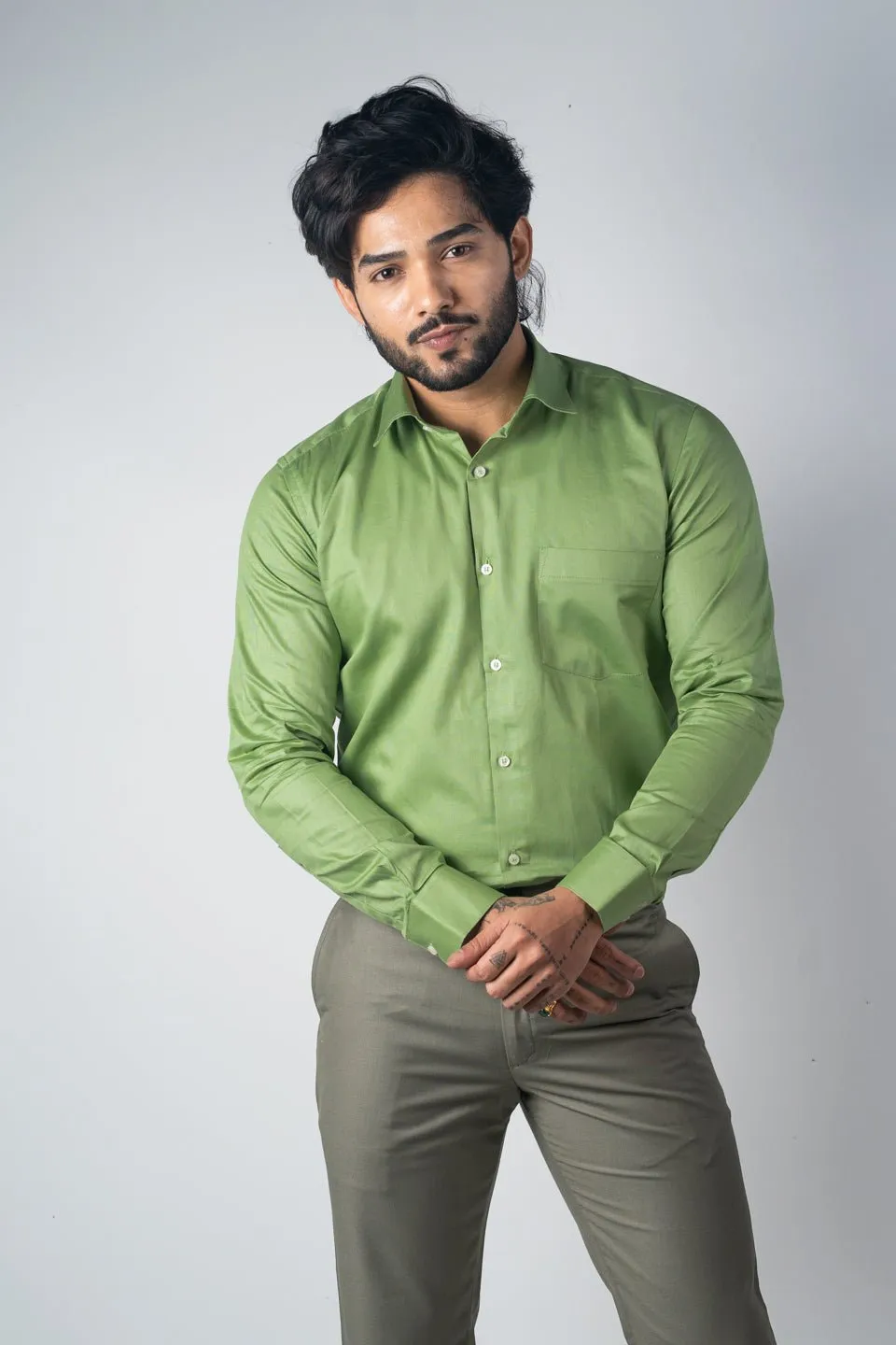 Green Color Micro Checks Texture Satin Cotton Shirt For Men