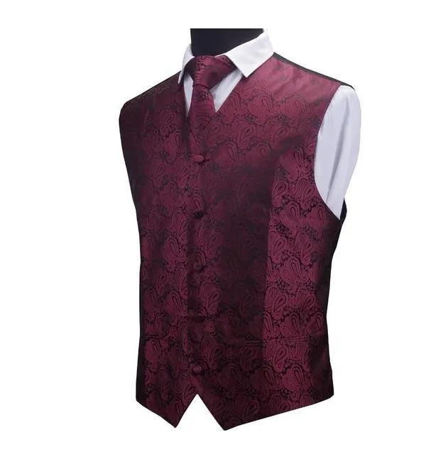 GUSLESON Mens Waistcoats Slim Fit Men Vest & Necktie & Handkerchief Set Paisley Coletes Chaleco Hombre For Party Wedding