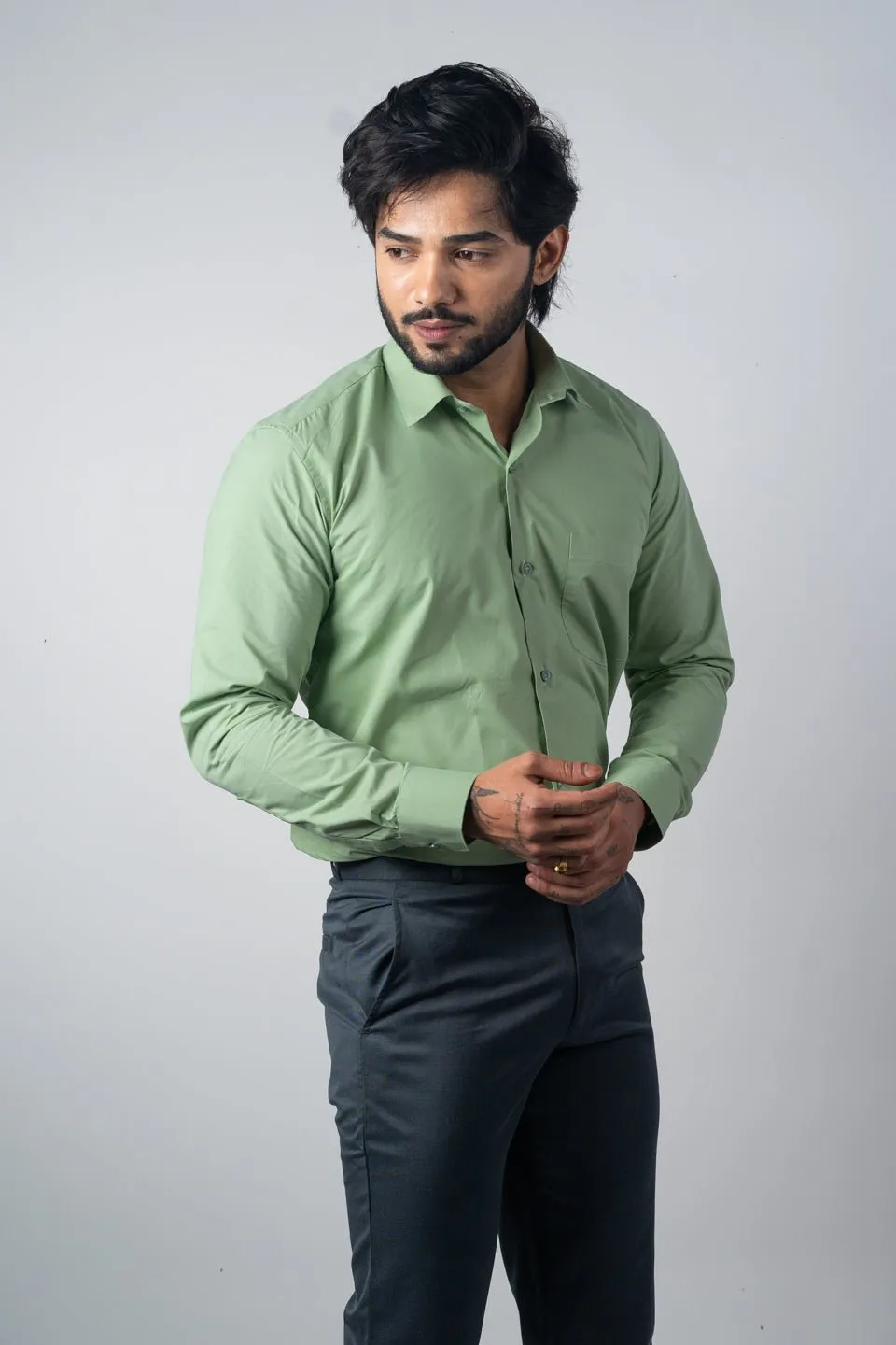 Pista Green Color Lycra Twill Cotton Shirt For Men