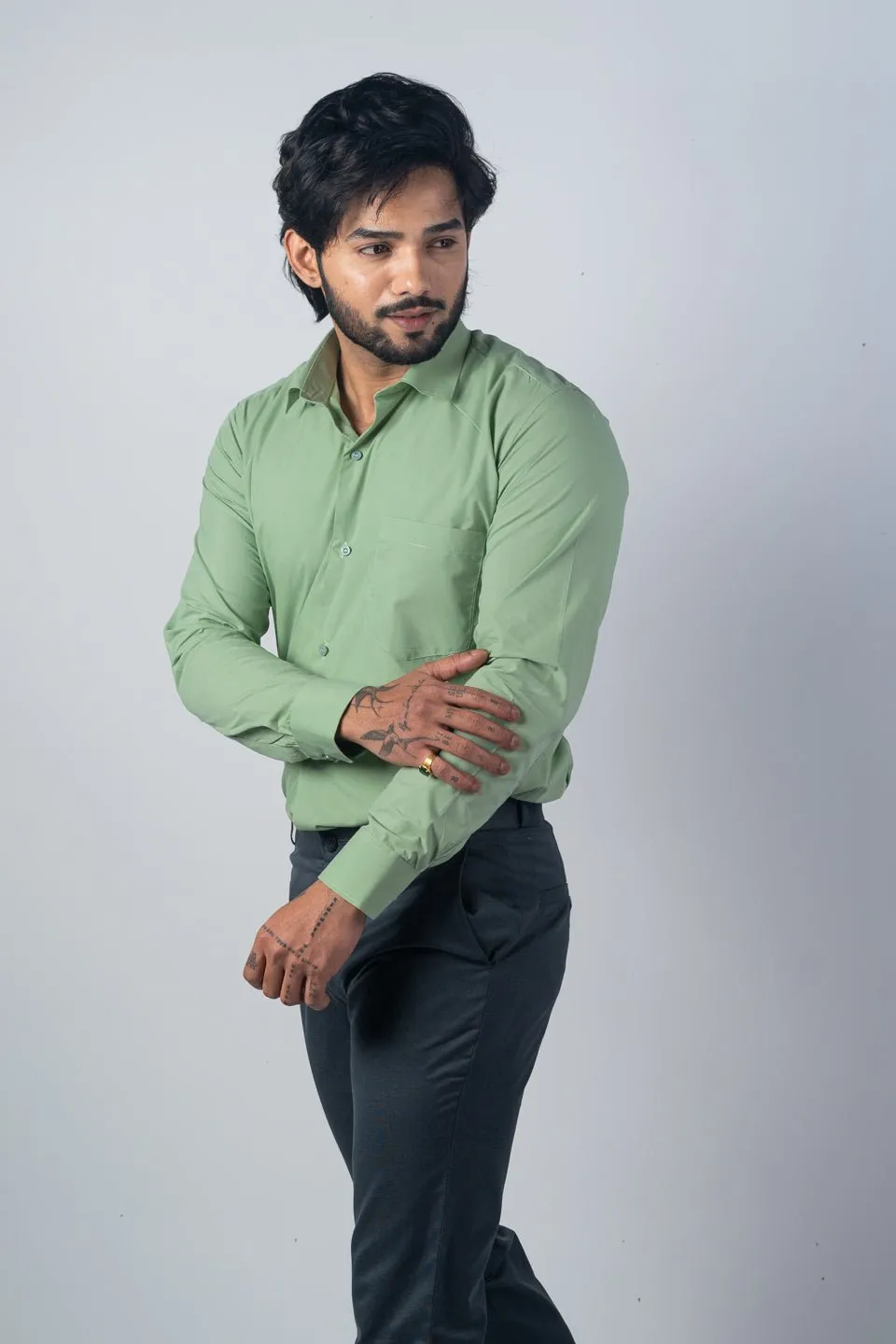 Pista Green Color Lycra Twill Cotton Shirt For Men