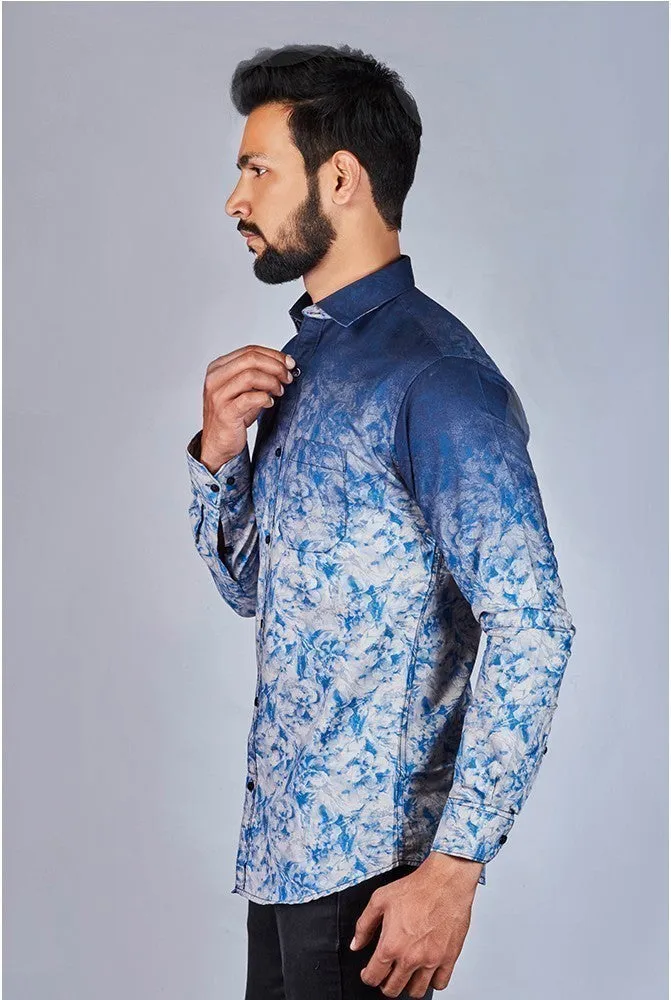 Printed Shirts for Men - Men Printed Spread Cotton Shirt Blue