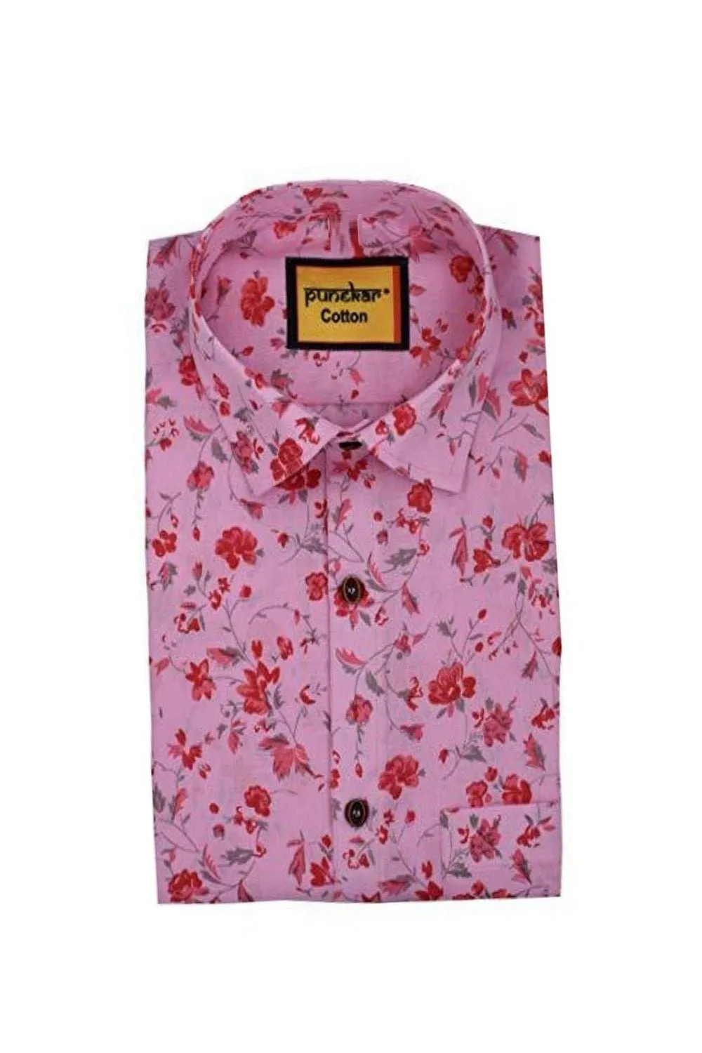 Punekar Cotton Pink Color Printed Pure Cotton Handmade Formal Shirt for Men's.