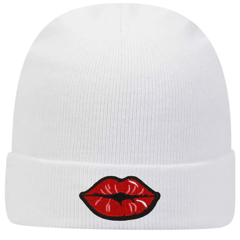 Red Kiss Lips Embroidered Patch Superior Cotton Blend 12" Classic Knit Cuff Beanies for Men & Women