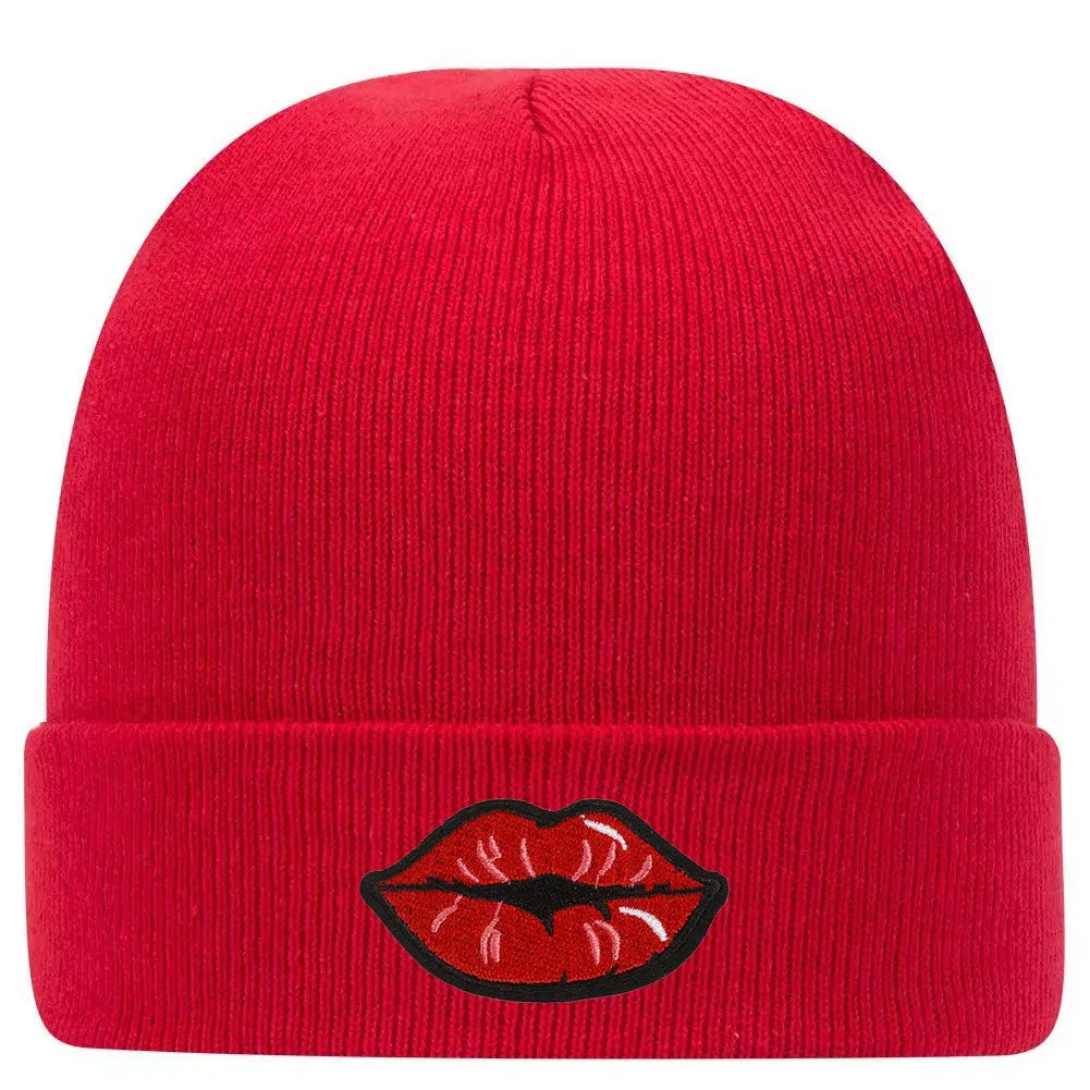 Red Kiss Lips Embroidered Patch Superior Cotton Blend 12" Classic Knit Cuff Beanies for Men & Women