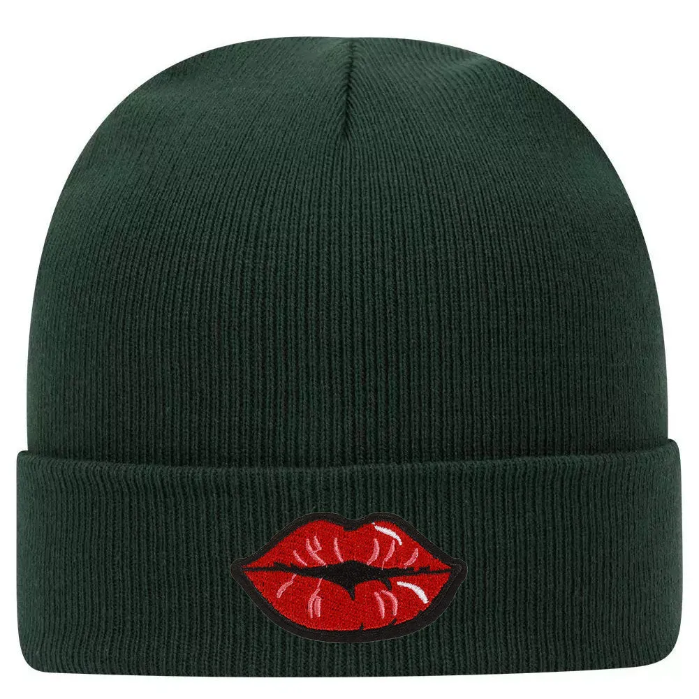 Red Kiss Lips Embroidered Patch Superior Cotton Blend 12" Classic Knit Cuff Beanies for Men & Women