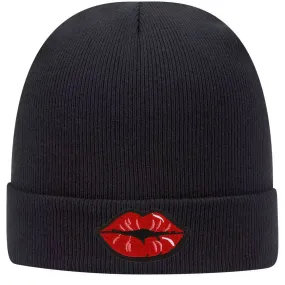 Red Kiss Lips Embroidered Patch Superior Cotton Blend 12" Classic Knit Cuff Beanies for Men & Women