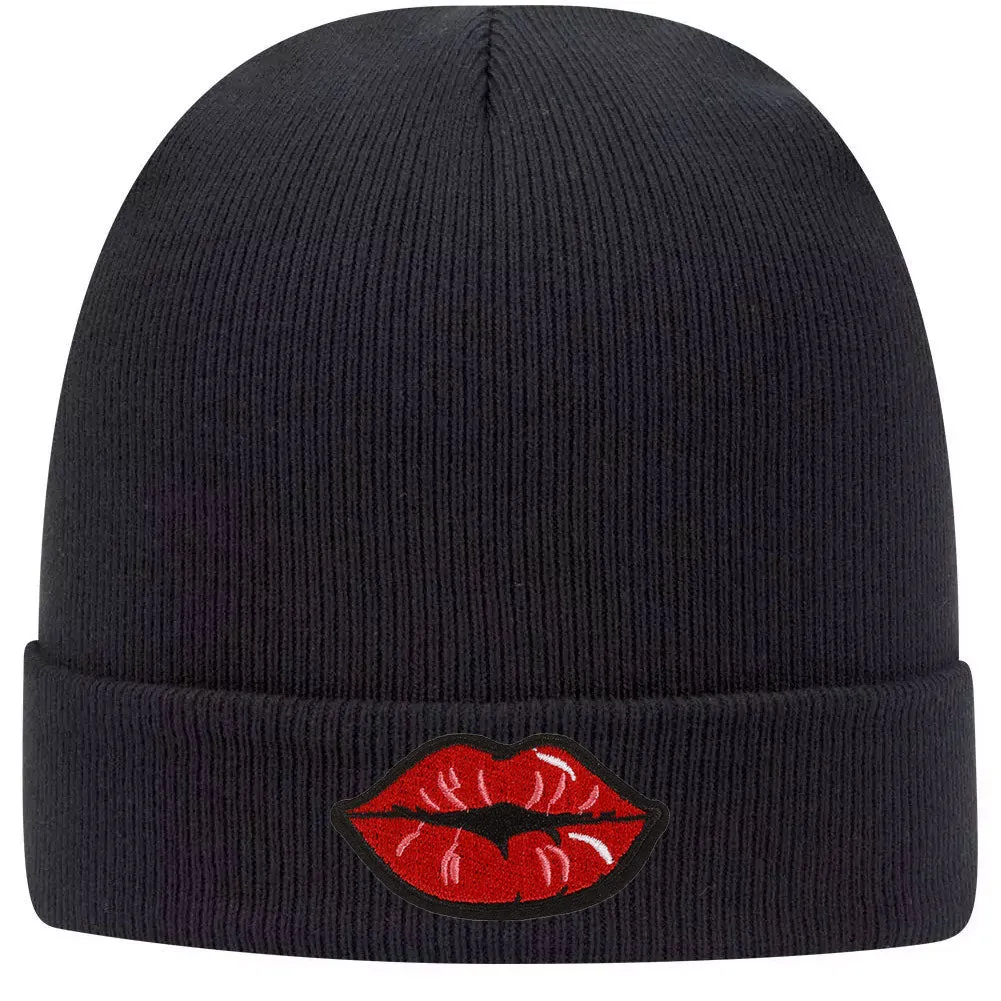 Red Kiss Lips Embroidered Patch Superior Cotton Blend 12" Classic Knit Cuff Beanies for Men & Women