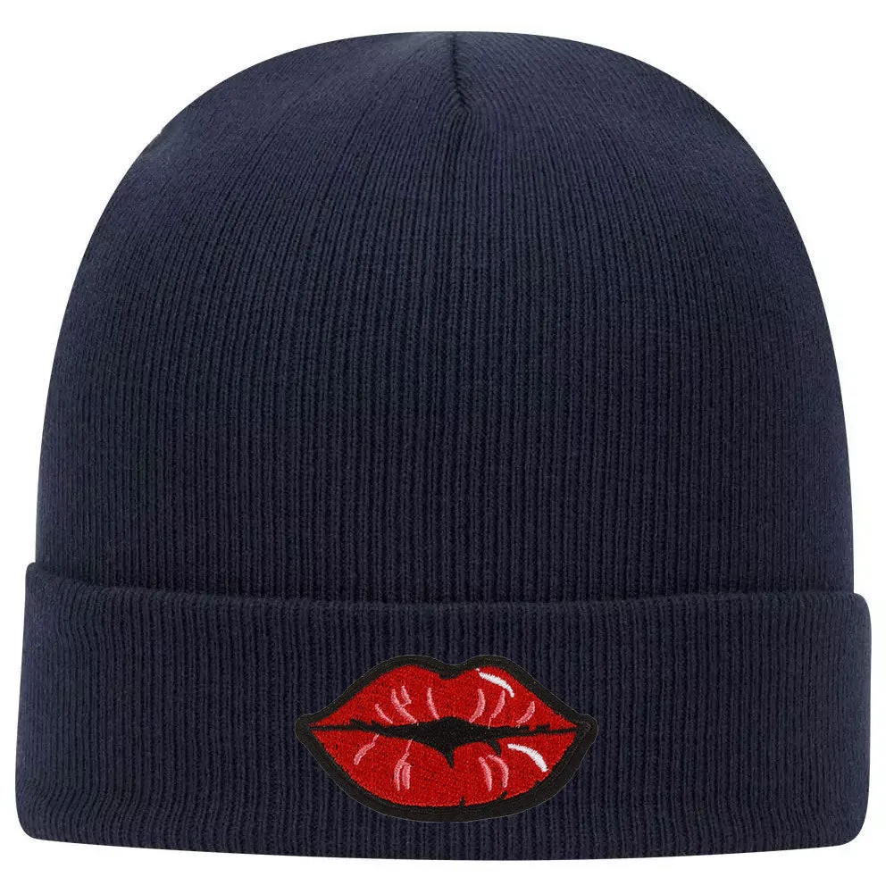 Red Kiss Lips Embroidered Patch Superior Cotton Blend 12" Classic Knit Cuff Beanies for Men & Women