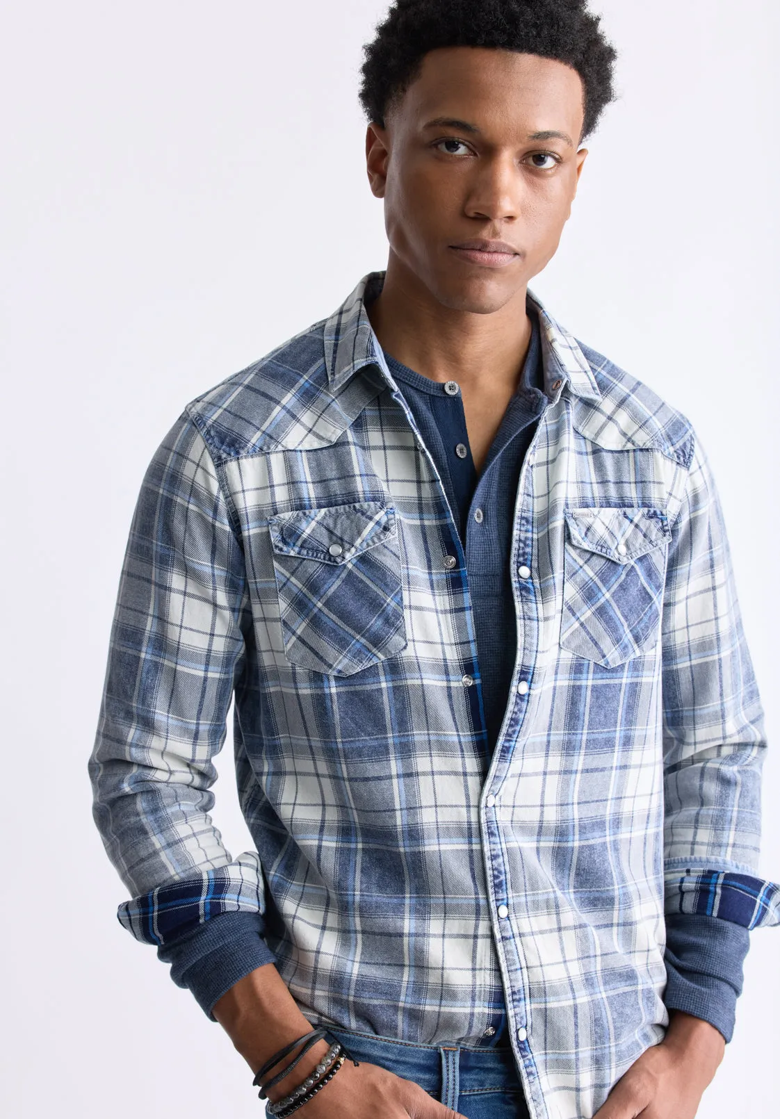 Sierra Men's Long-Sleeve Plaid Shirt, White & Mirage Blue - BM24465