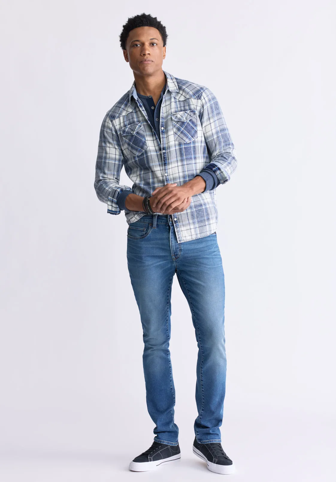 Sierra Men's Long-Sleeve Plaid Shirt, White & Mirage Blue - BM24465