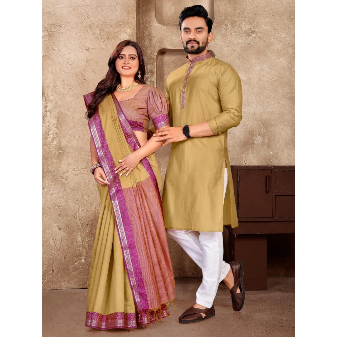 Traditional Couples Wear Men's Kurta Pant and Women's Saree