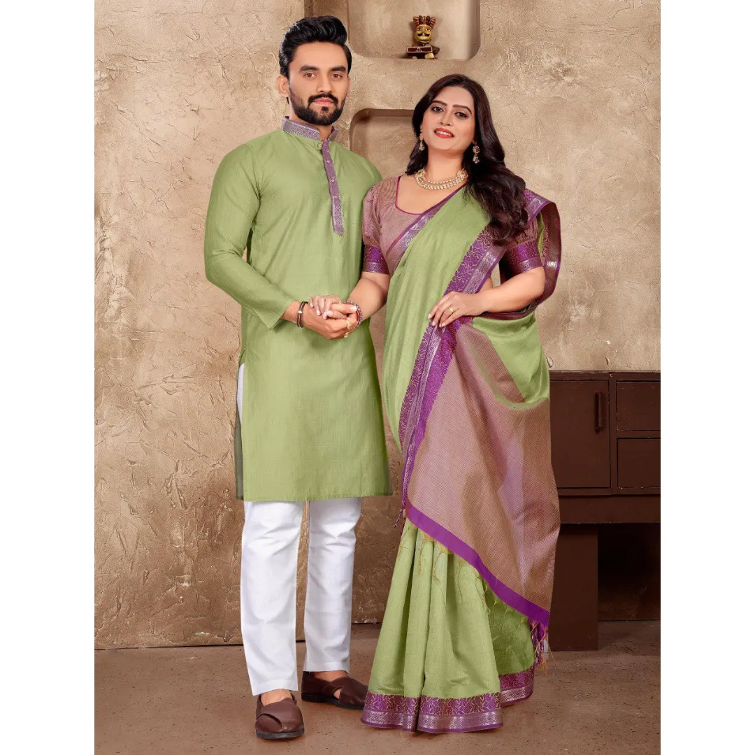 Traditional Couples Wear Men's Kurta Pant and Women's Saree