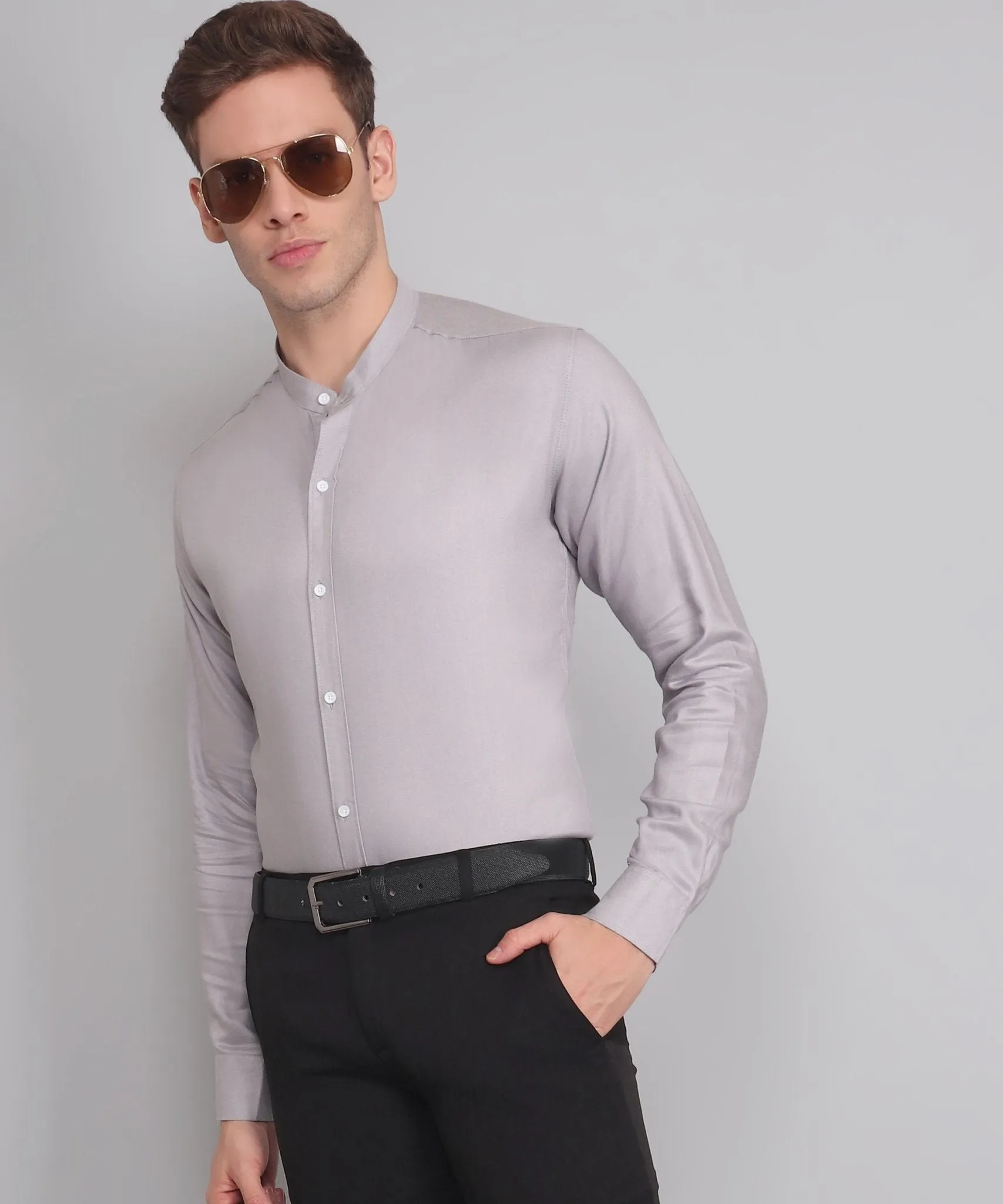 TryBuy Premium Luxurious Full Sleeves Mandarin Collar Silver Cotton Button-Up Shirt For Men