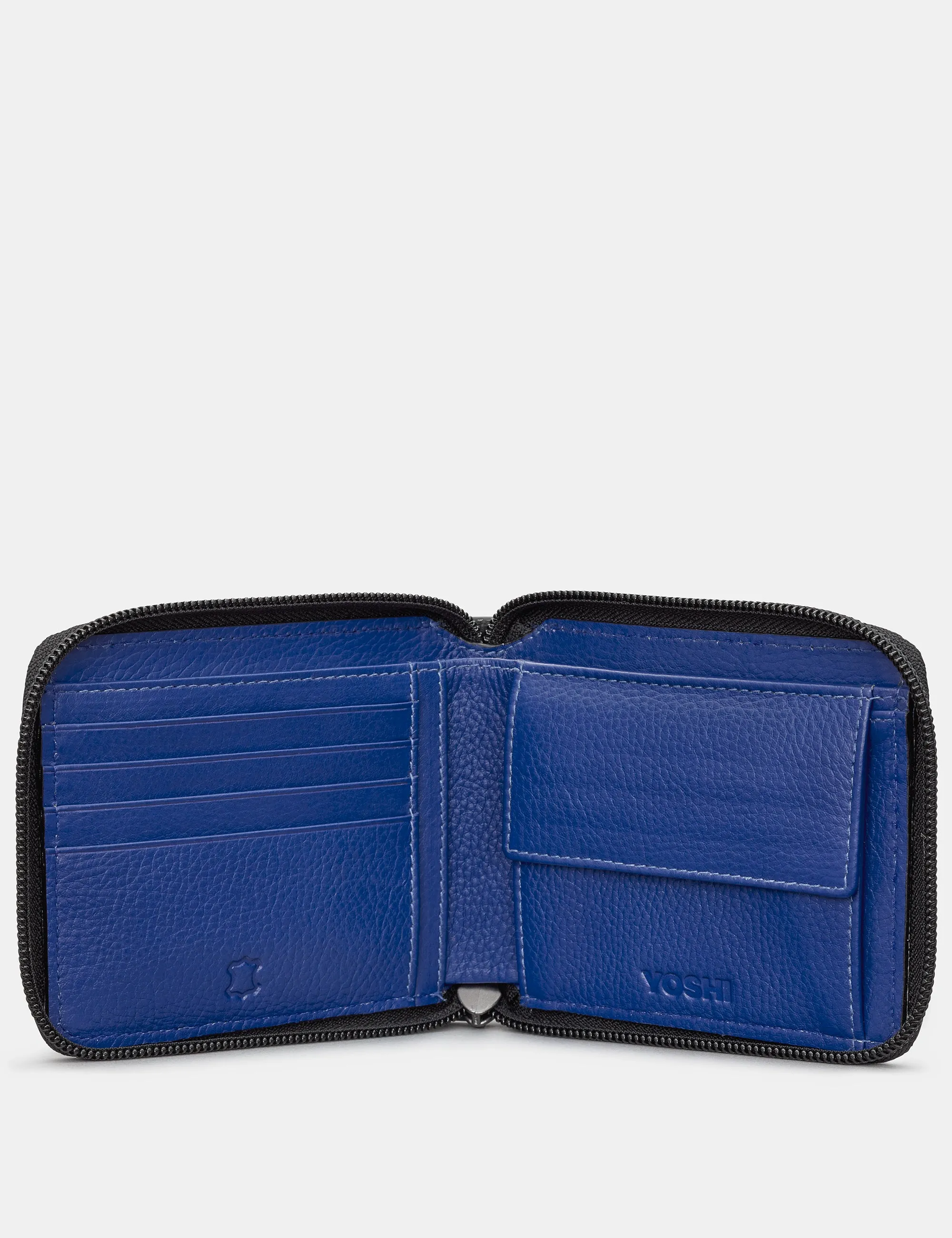 Zip Around Black And Blue Leather Wallet